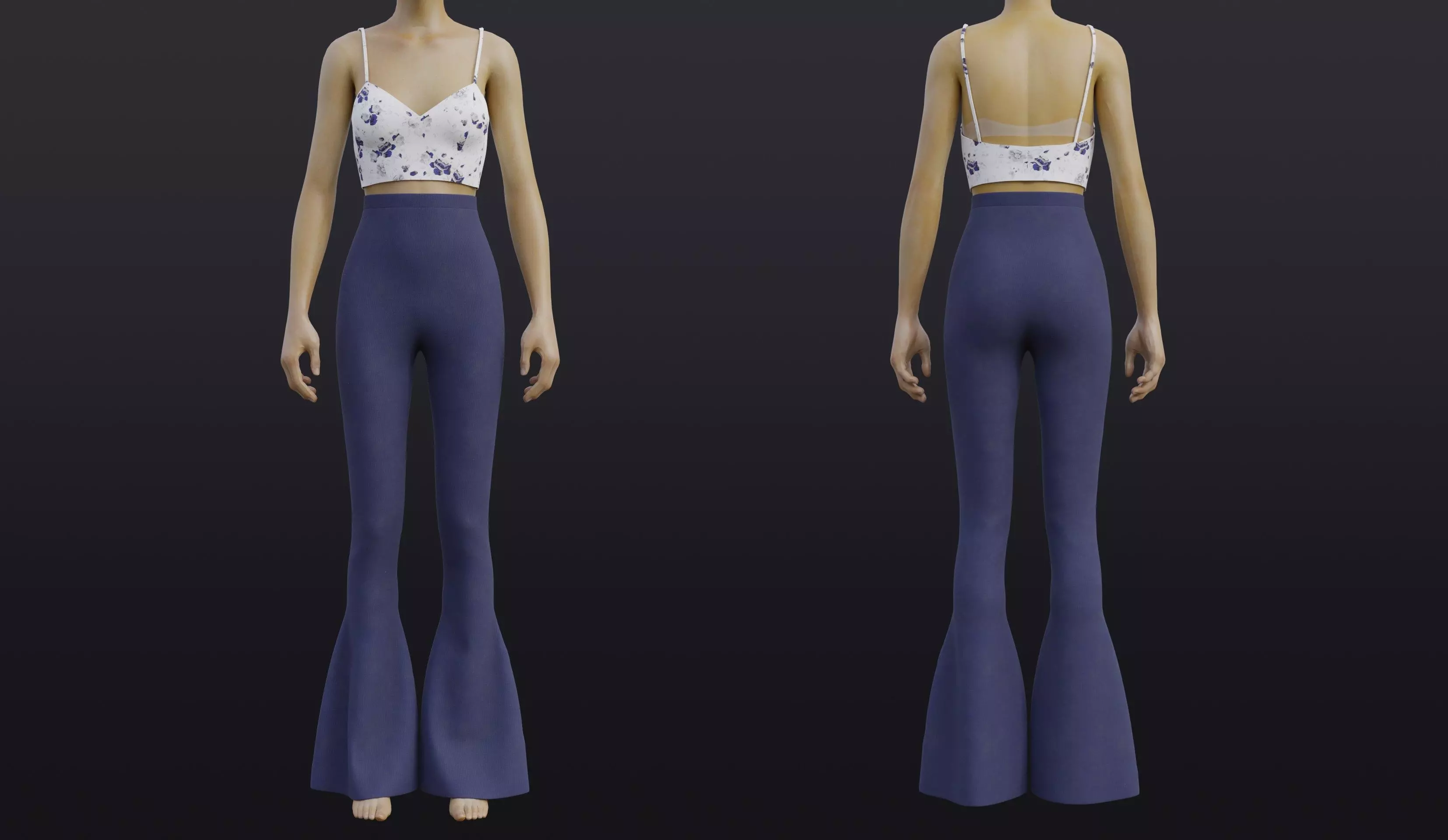 Cami top and Bell-Bottom Denim pants set outfit Low-poly 3D model