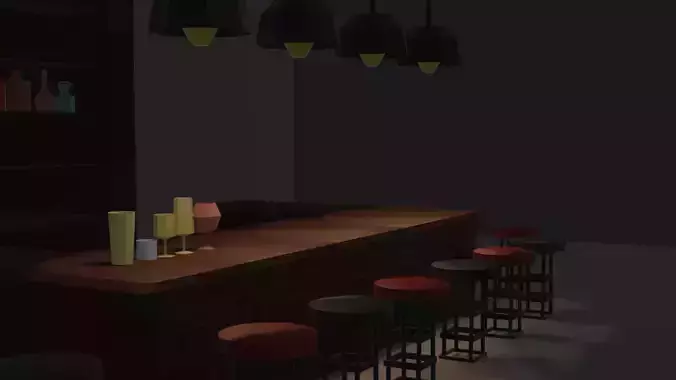 low poly bar with stools and lamps