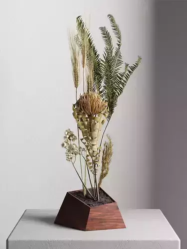 Ikebana 4 planter of dried plants in wooden box