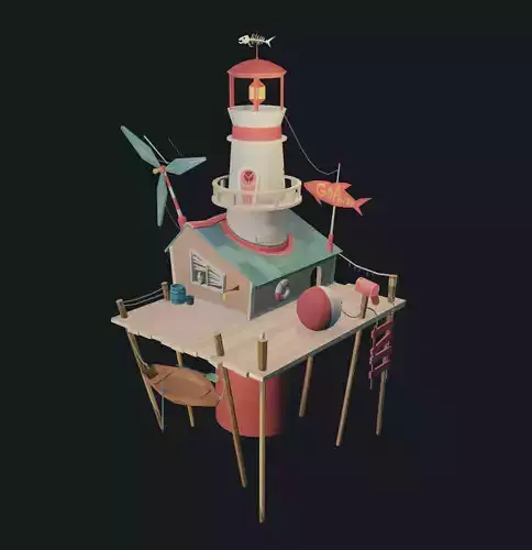 Stylized house on the water Low-poly 3D model