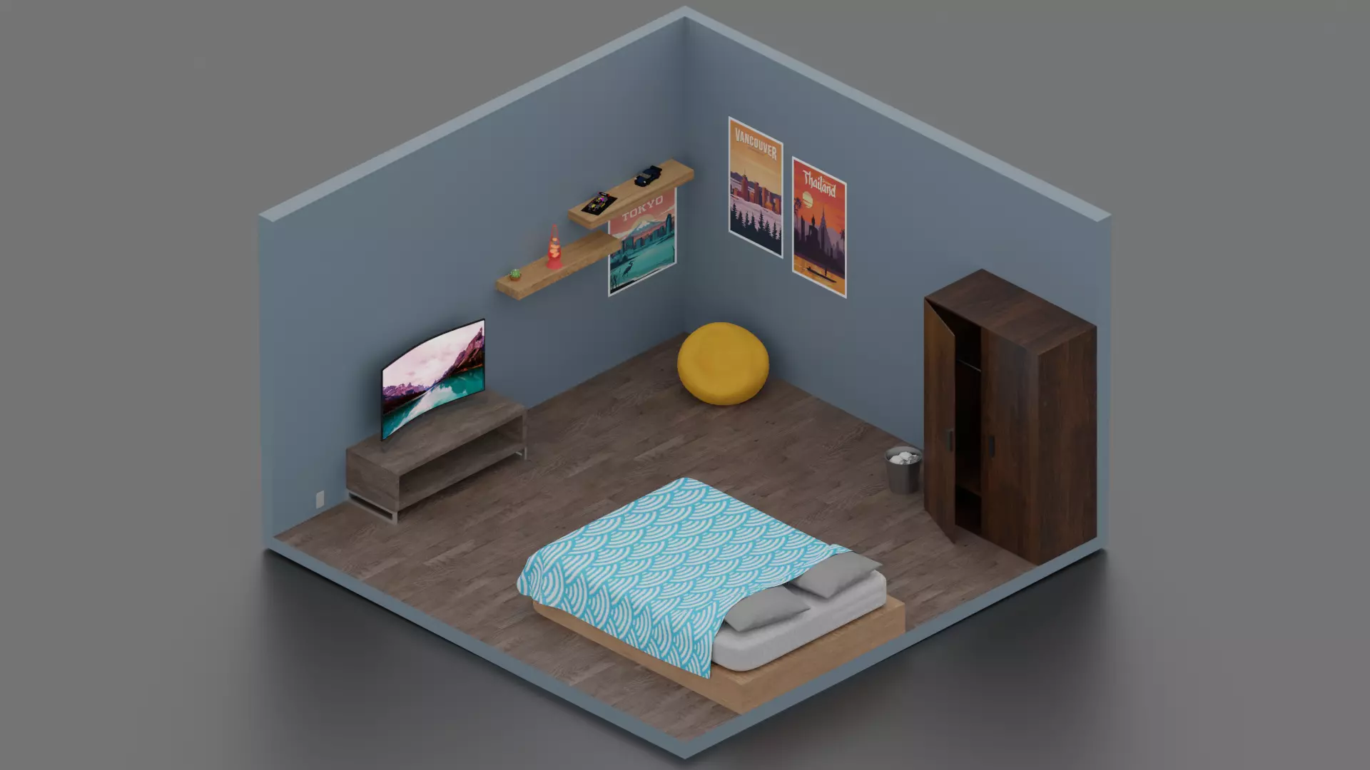 room 3d with bed and tv Free 3D model_0