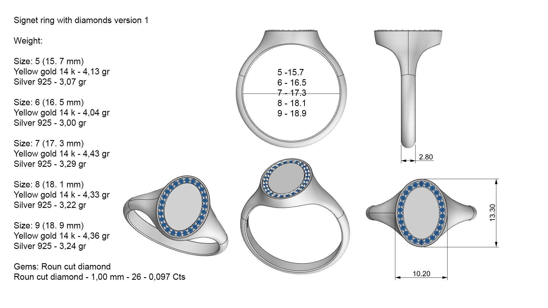Signet ring with diamonds Five Sizes 3D Model Collection_9