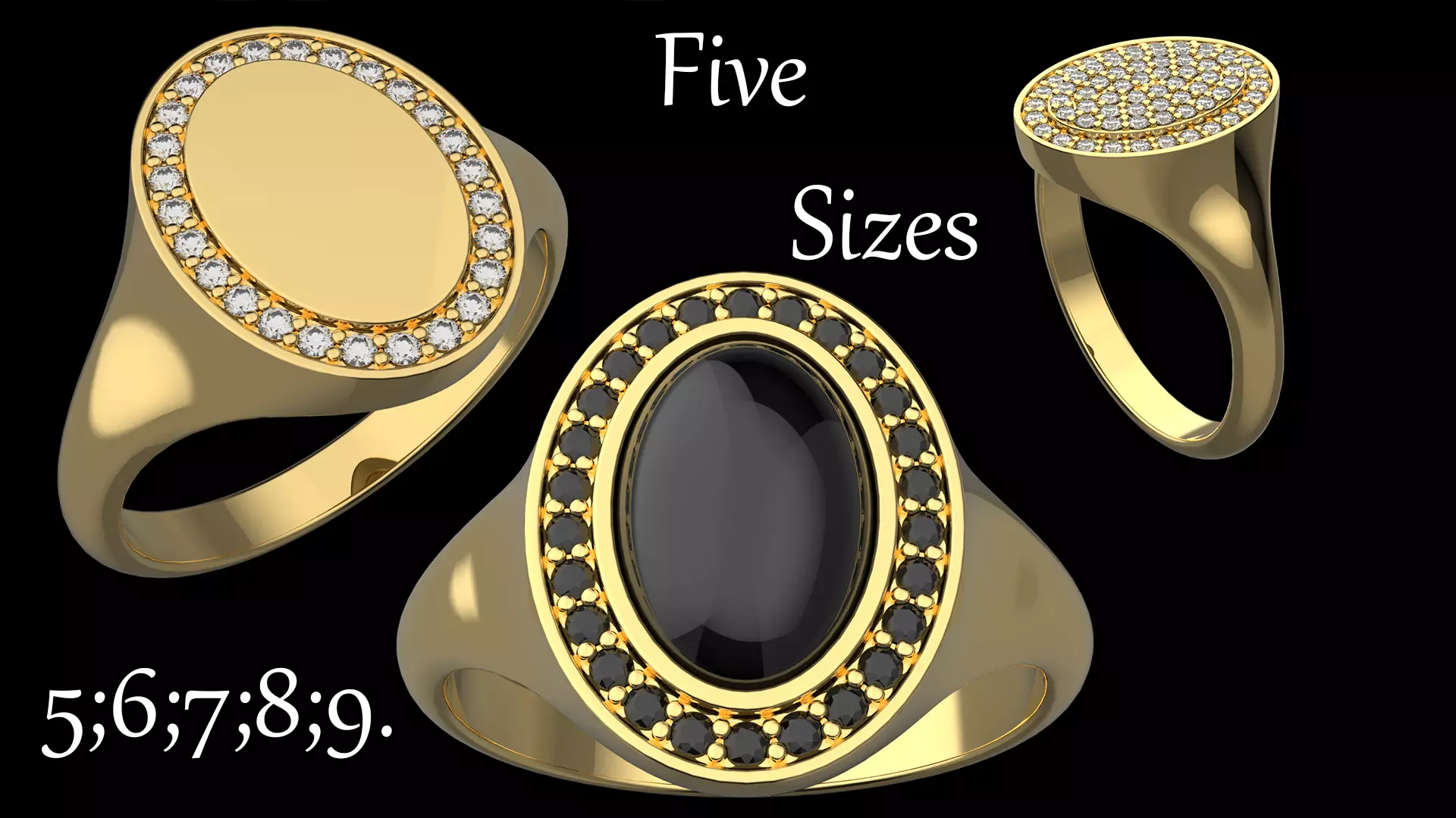 Signet ring with diamonds Five Sizes 3D Model Collection_0
