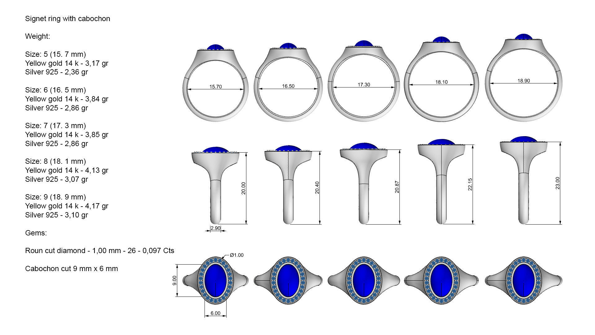 Signet ring with diamonds Five Sizes 3D Model Collection_8