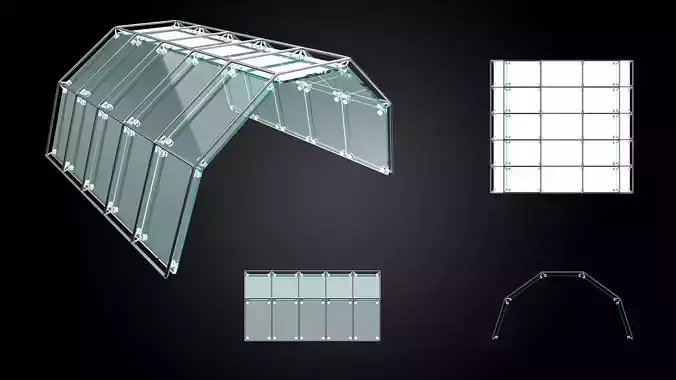 Arched structure wireframe with connections and glass panels