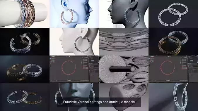 Futuristic Voronoi earrings and armlet 3D Model Collection