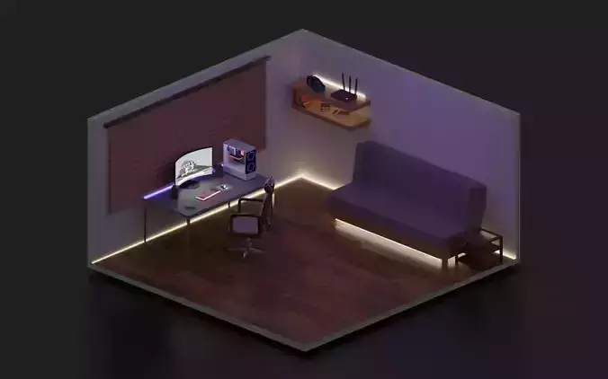 isometric minimalist gaming room
