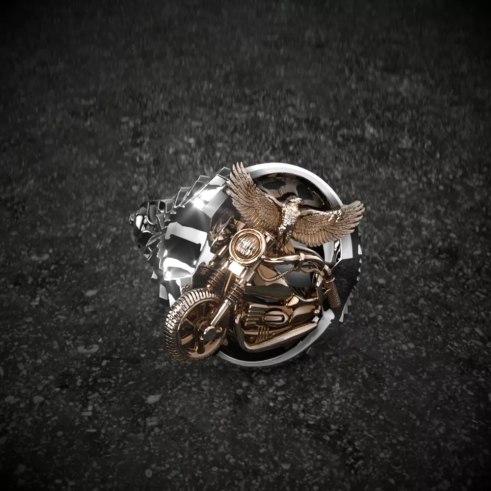Eagle-ring silver and gold ring with skull 3D print model_0