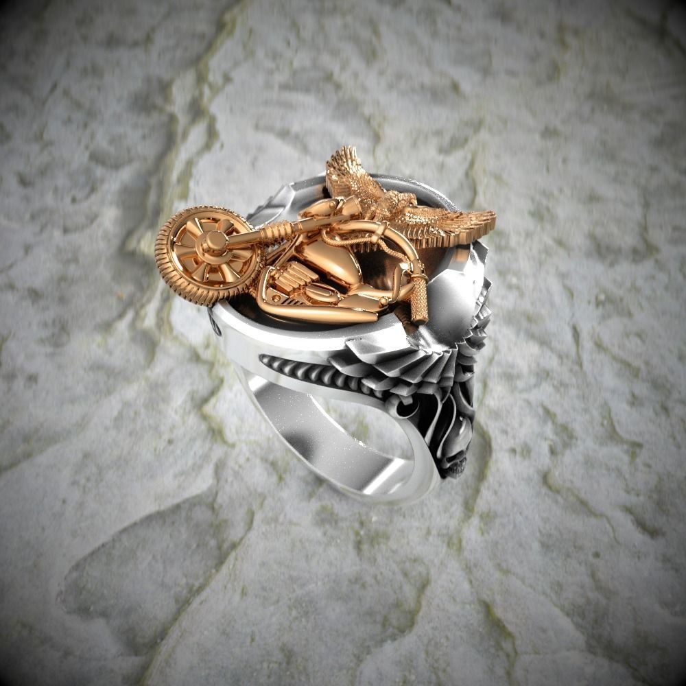Eagle-ring silver and gold ring with skull 3D print model_4