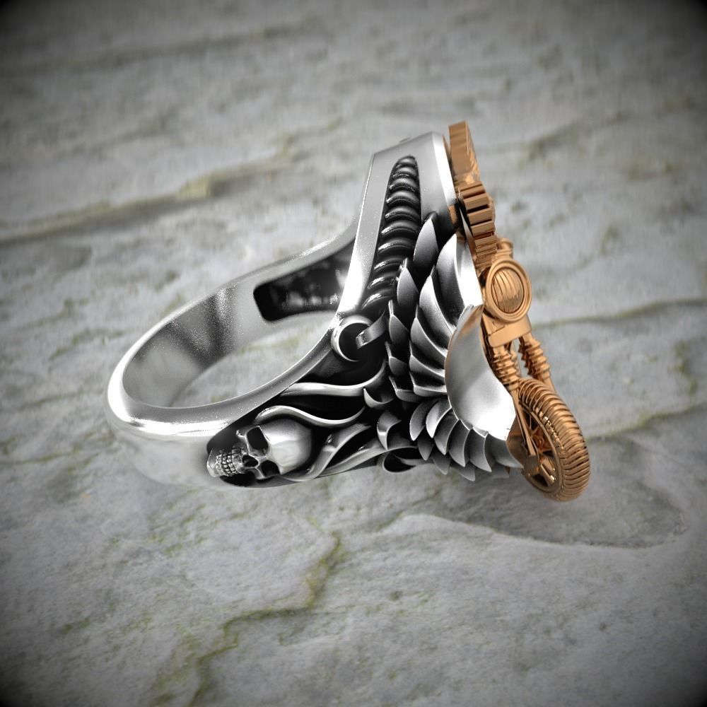 Eagle-ring silver and gold ring with skull 3D print model_3