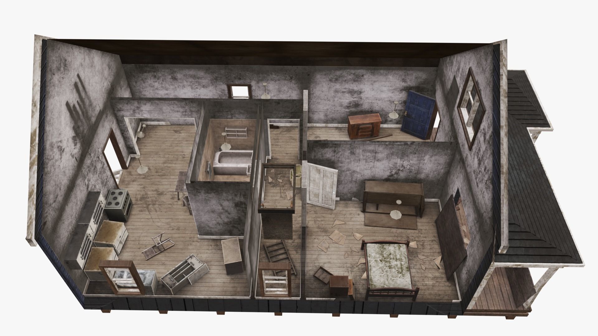 Abandoned Poor House With Interior Low-poly 3D model_15
