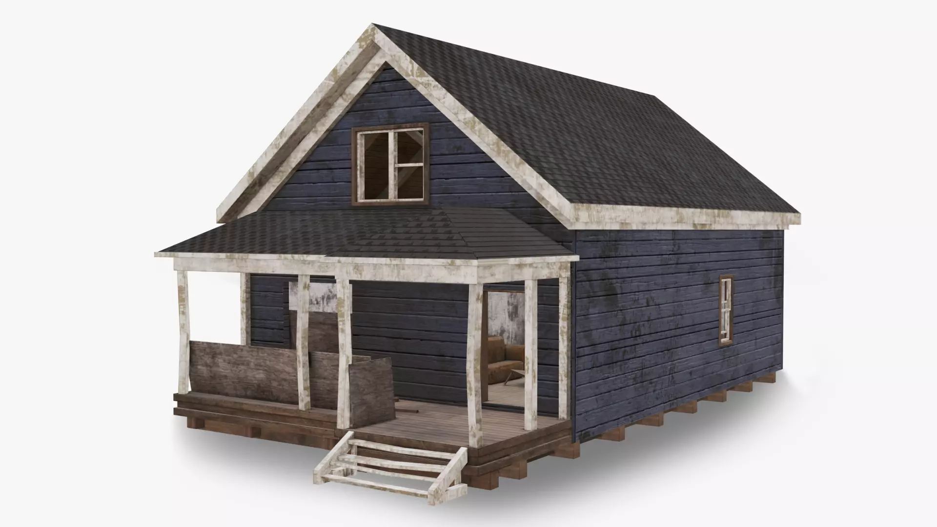 Abandoned Poor House With Interior Low-poly 3D model_0