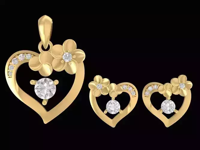 set flowers on heart pendant  and earrings 2732