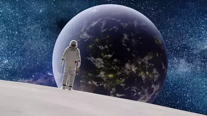 moon and astronaut looking earth landscape scene