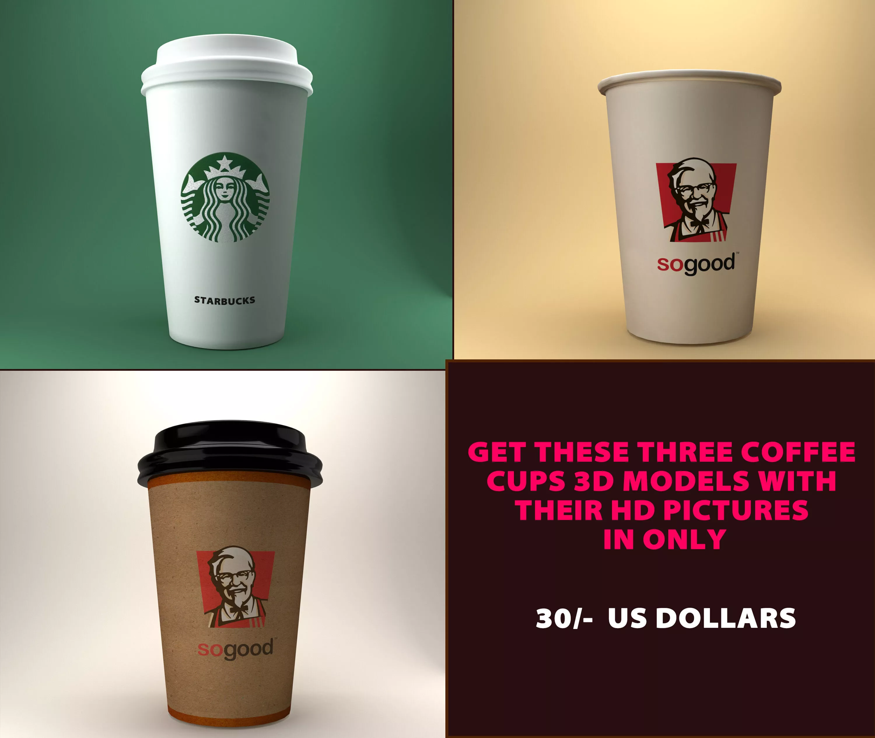 Top Quality Coffee Cups Model with HD Rendered Images Low-poly 3D model