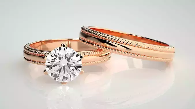 Solitaire Ring Couple Band Ring 3dm stl render detail