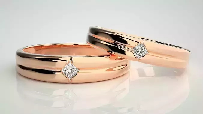 Princess Solitaire Couple Band Ring 3dm stl render detail 3D print model