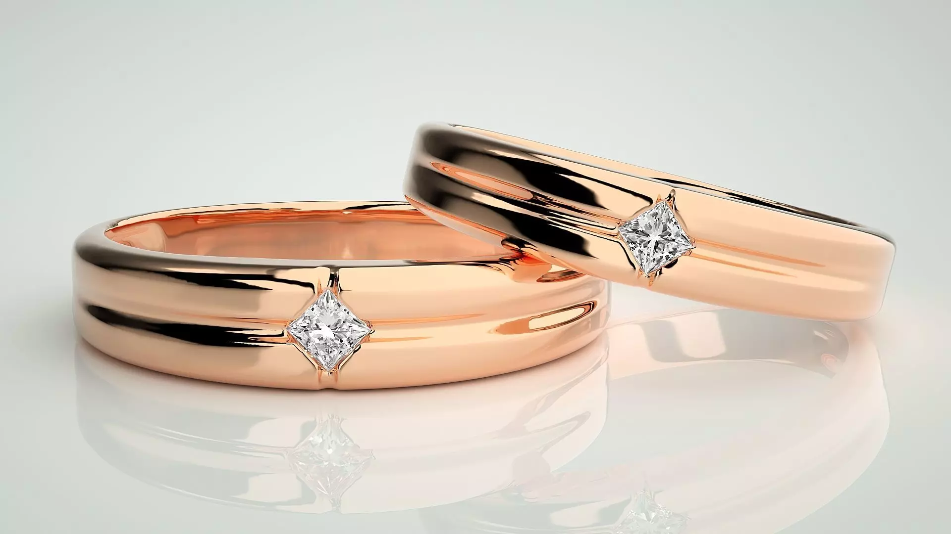 Princess Solitaire Couple Band Ring 3dm stl render detail 3D print model_0