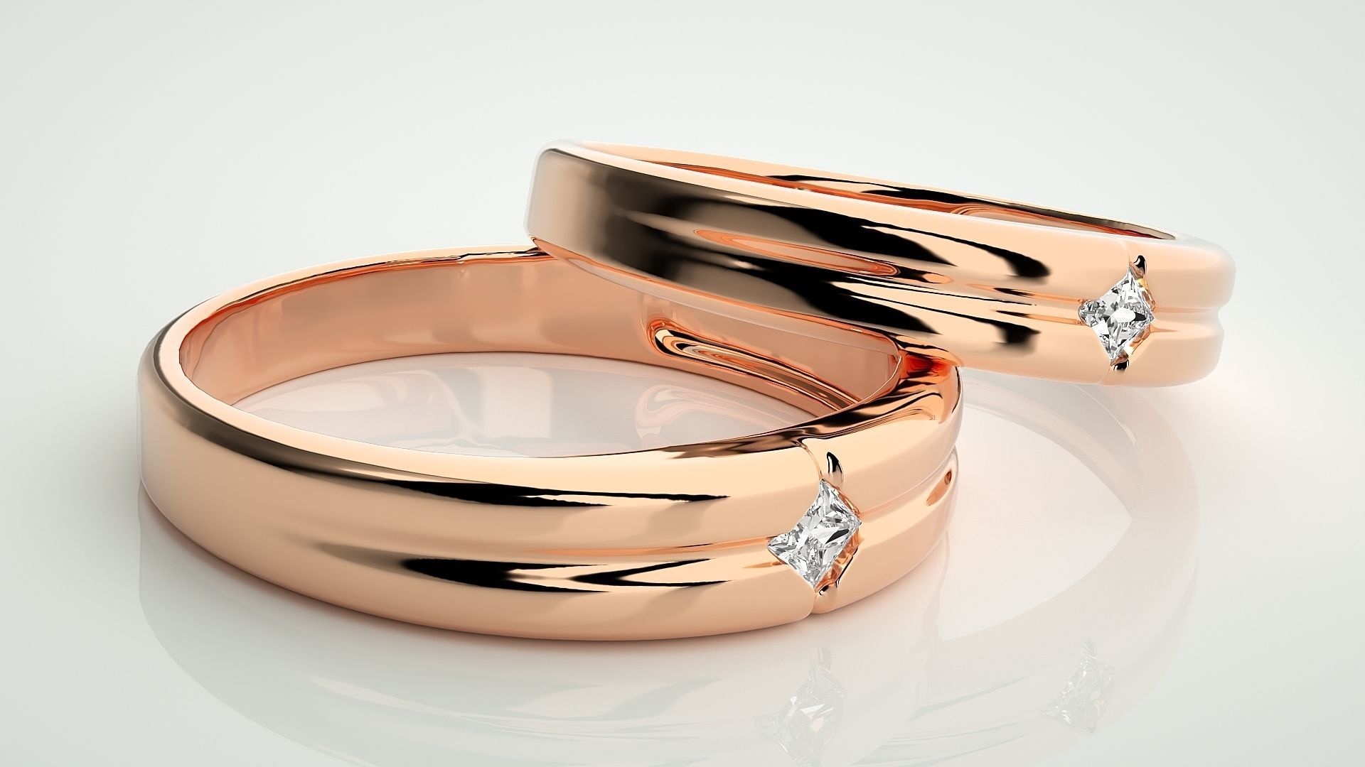 Princess Solitaire Couple Band Ring 3dm stl render detail 3D print model_1