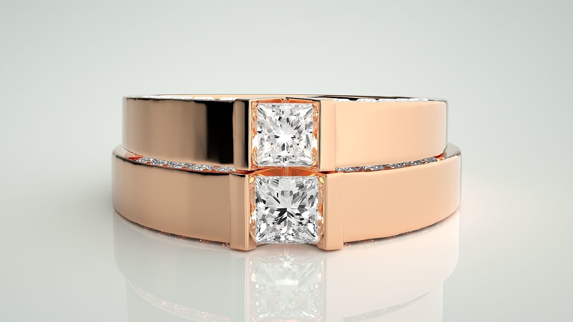 Princess Solitaire Couple Band Ring 3dm stl render detail  3D print model_2