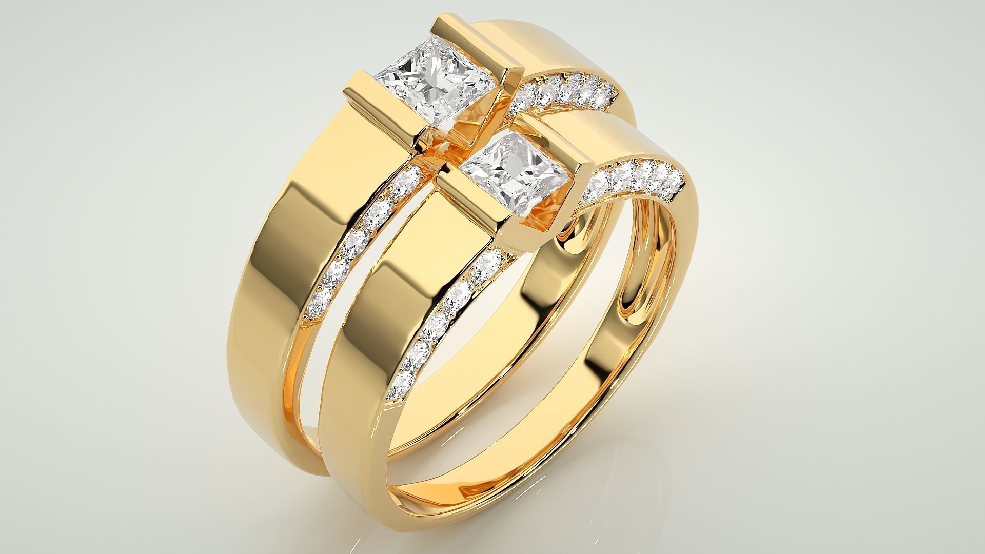 Princess Solitaire Couple Band Ring 3dm stl render detail  3D print model_12