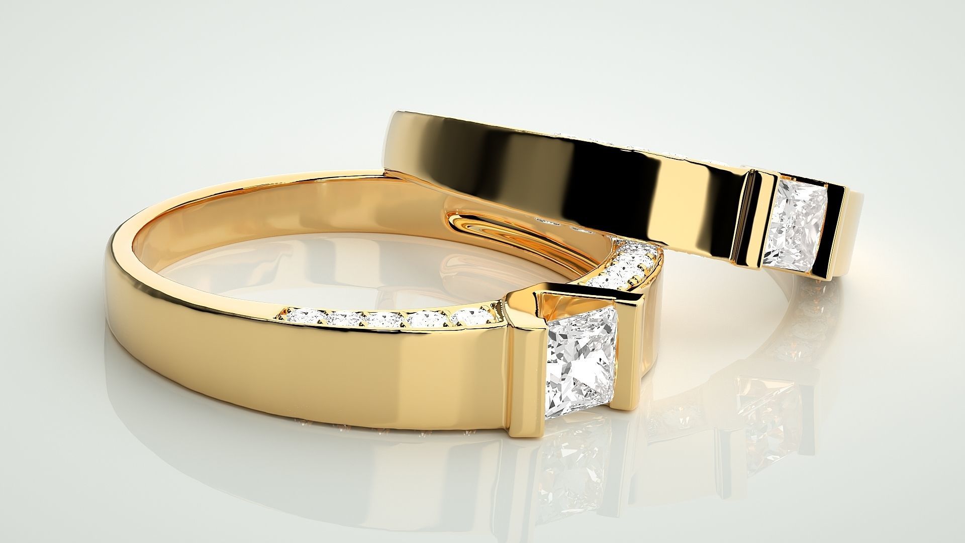 Princess Solitaire Couple Band Ring 3dm stl render detail  3D print model_10