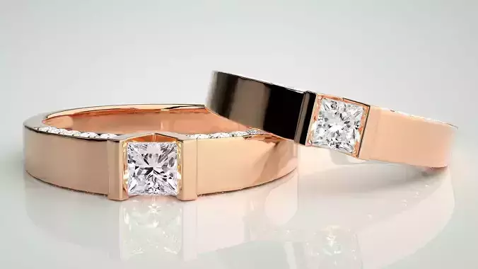 Princess Solitaire Couple Band Ring 3dm stl render detail  3D print model