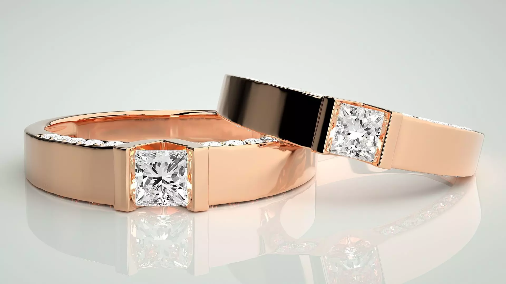 Princess Solitaire Couple Band Ring 3dm stl render detail  3D print model_0