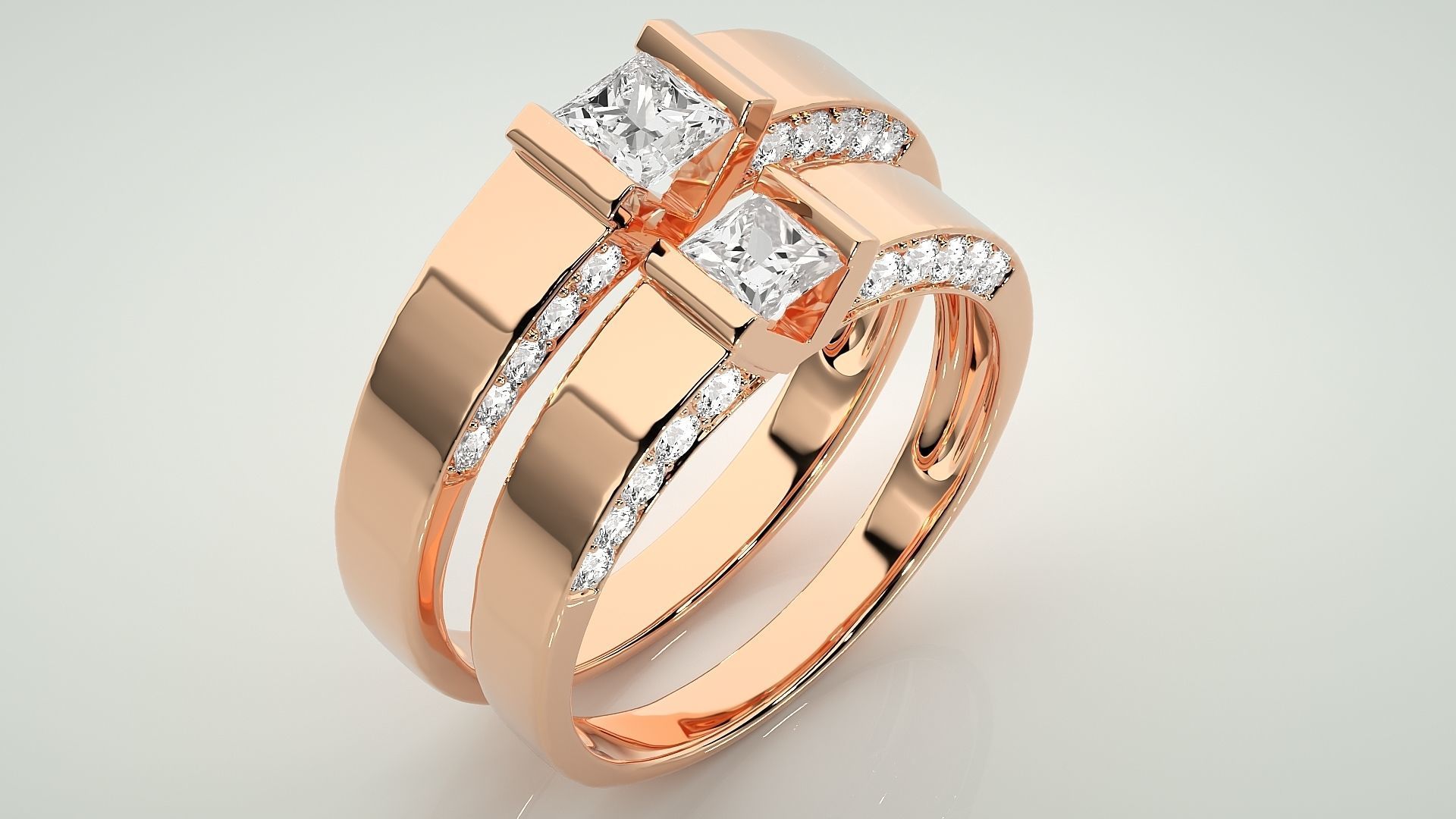 Princess Solitaire Couple Band Ring 3dm stl render detail  3D print model_4