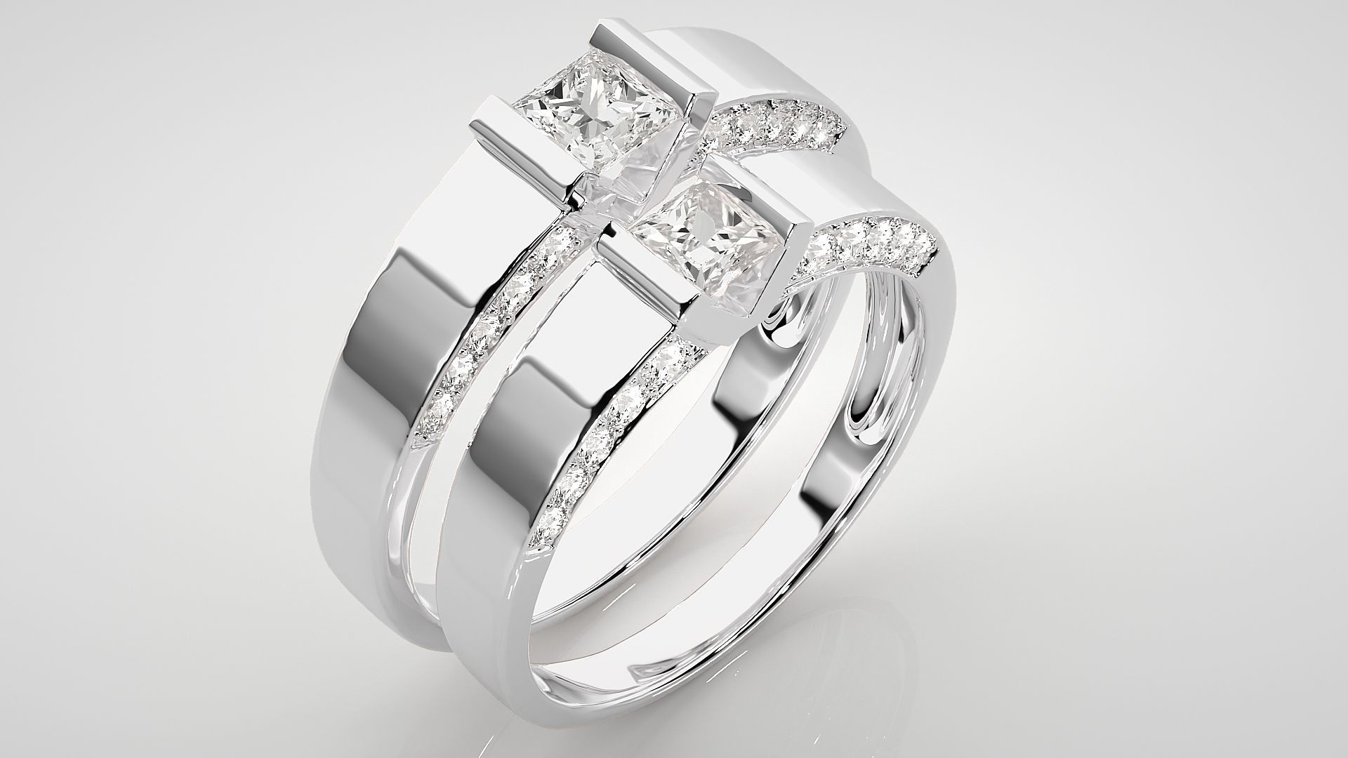 Princess Solitaire Couple Band Ring 3dm stl render detail  3D print model_8