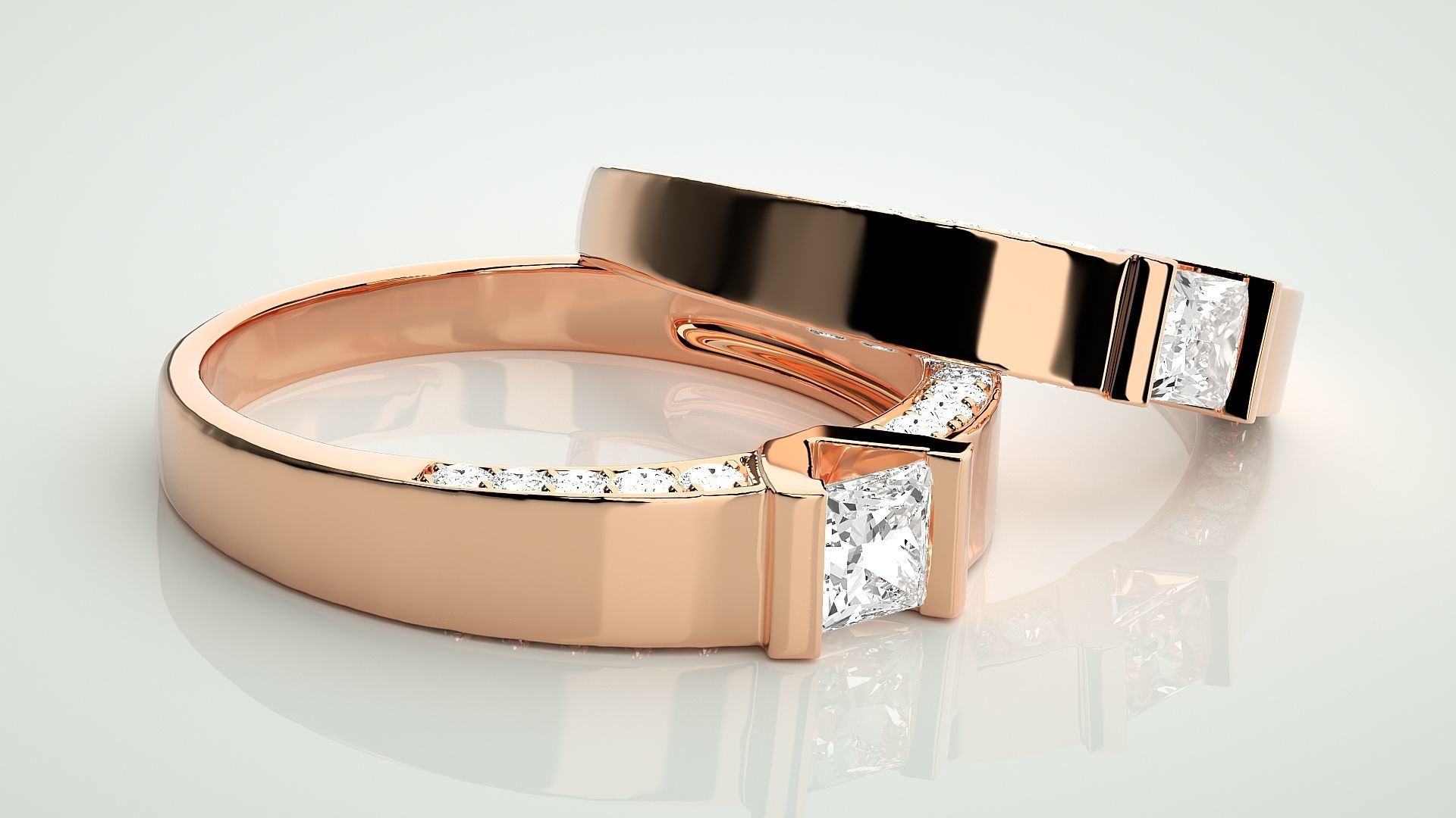 Princess Solitaire Couple Band Ring 3dm stl render detail  3D print model_1