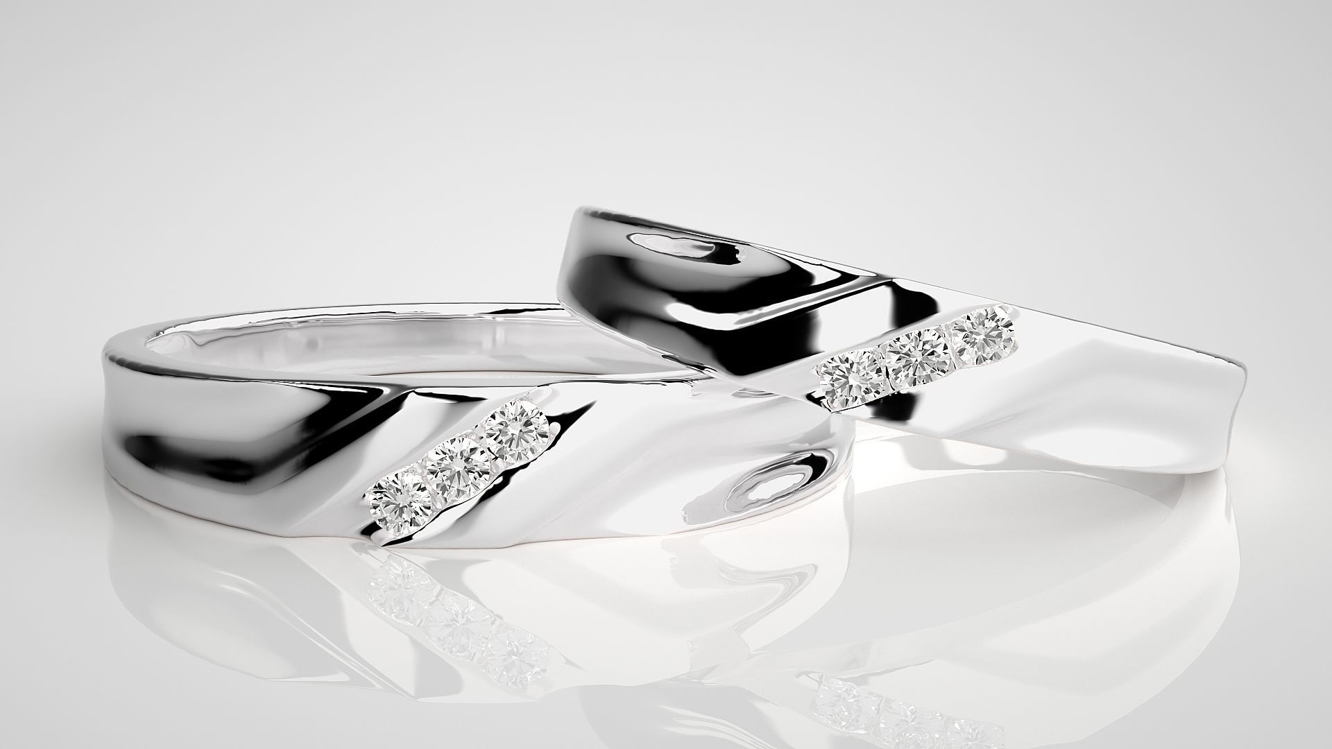 Diamond Tri-Diamond Couple Band Ring 3dm stl render detail 3D print model_5