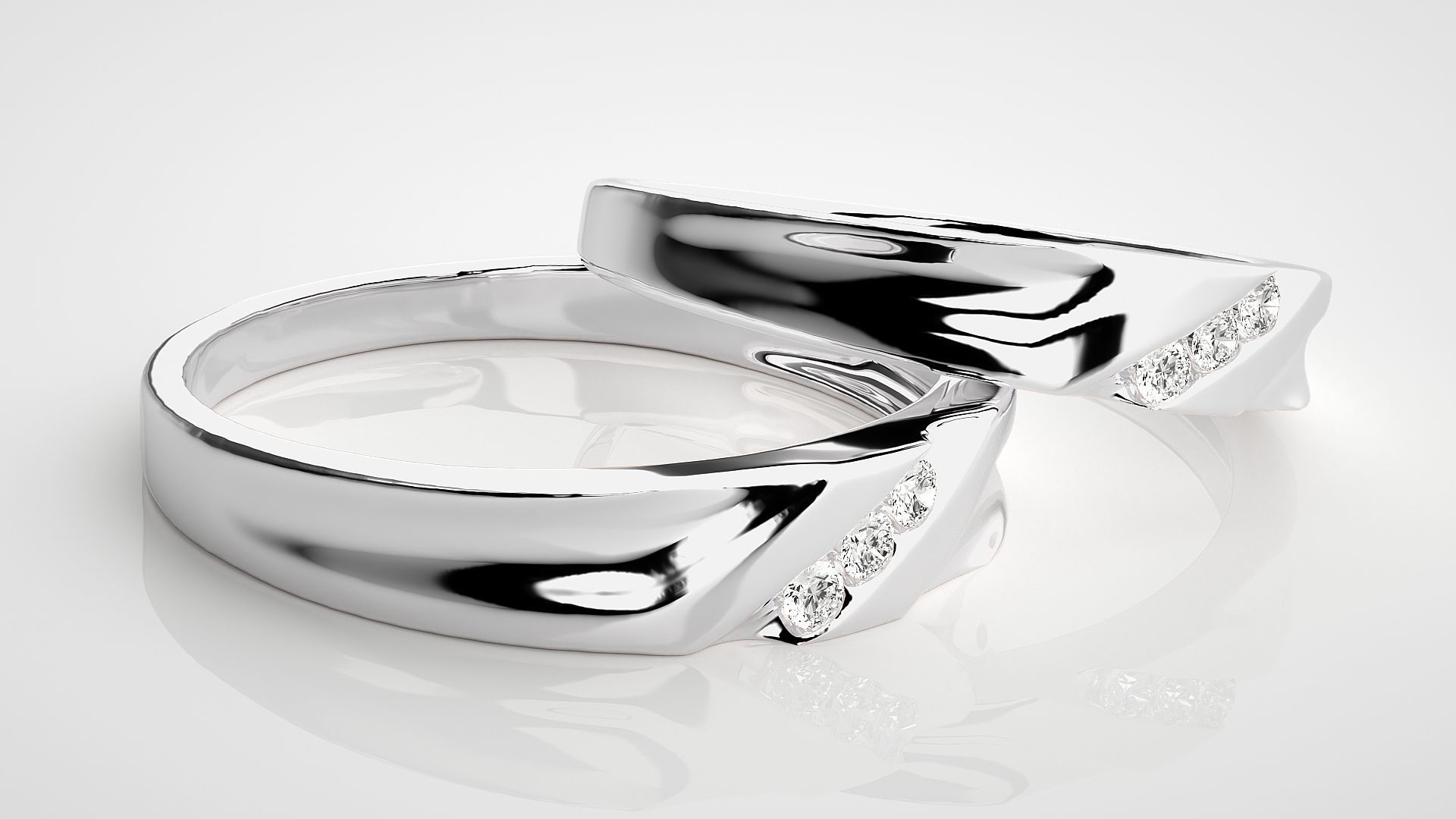 Diamond Tri-Diamond Couple Band Ring 3dm stl render detail 3D print model_6