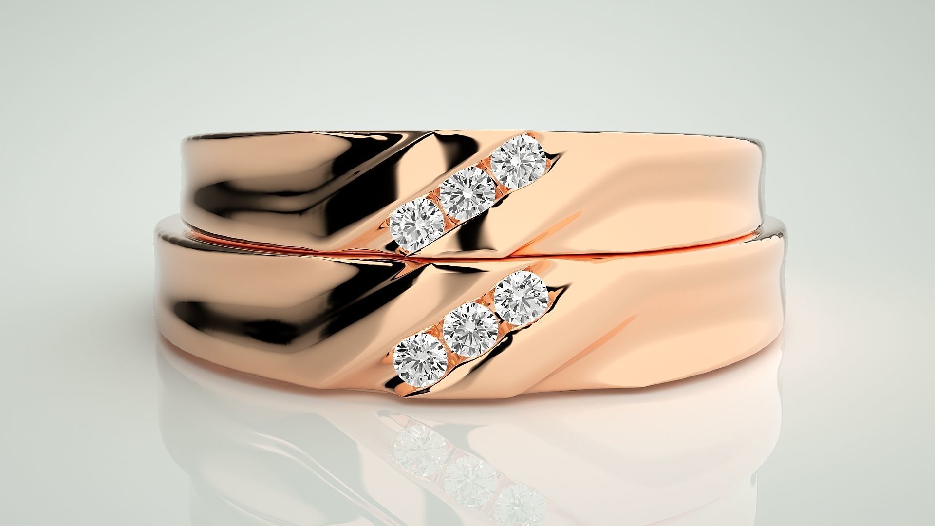 Diamond Tri-Diamond Couple Band Ring 3dm stl render detail 3D print model_2