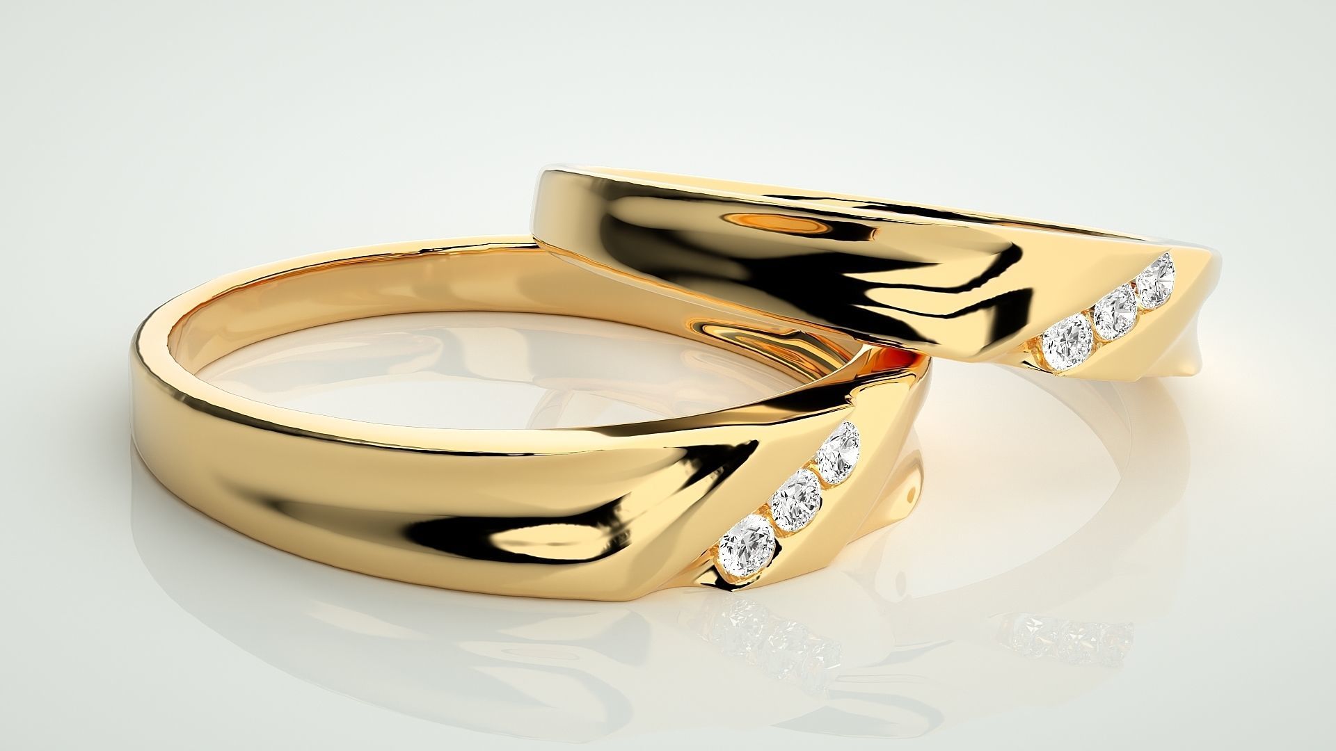 Diamond Tri-Diamond Couple Band Ring 3dm stl render detail 3D print model_10