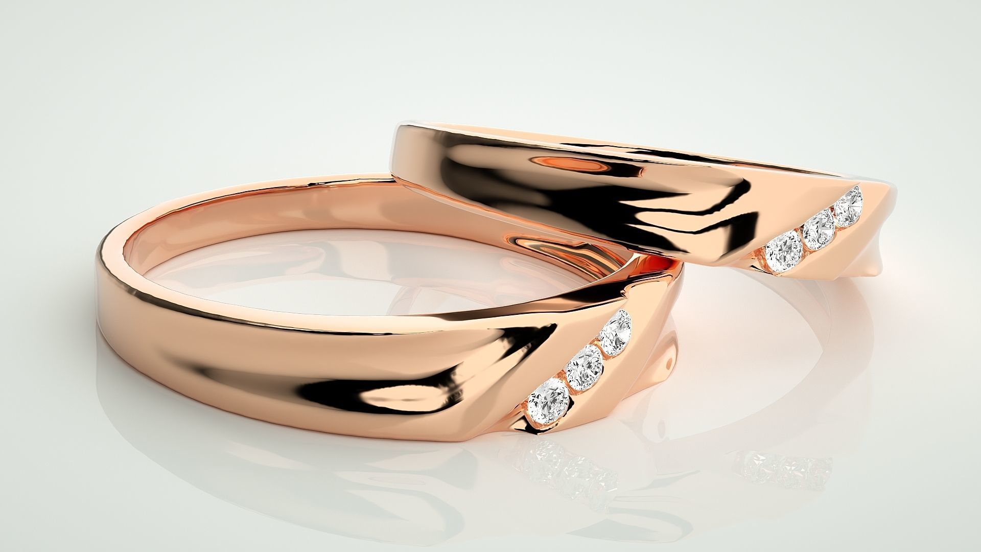 Diamond Tri-Diamond Couple Band Ring 3dm stl render detail 3D print model_1