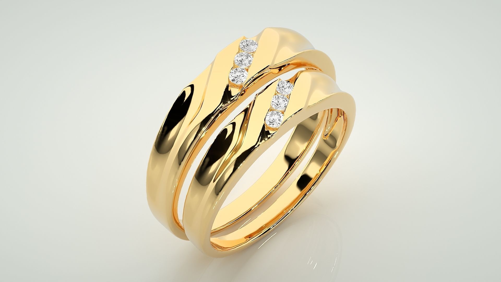 Diamond Tri-Diamond Couple Band Ring 3dm stl render detail 3D print model_12