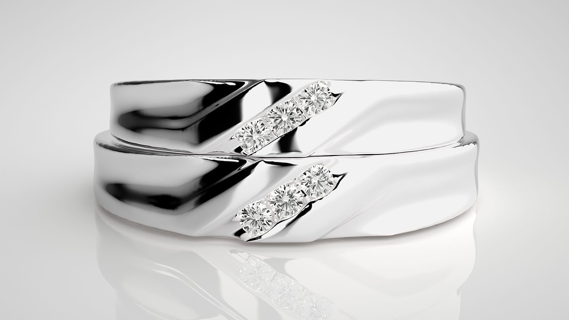 Diamond Tri-Diamond Couple Band Ring 3dm stl render detail 3D print model_7