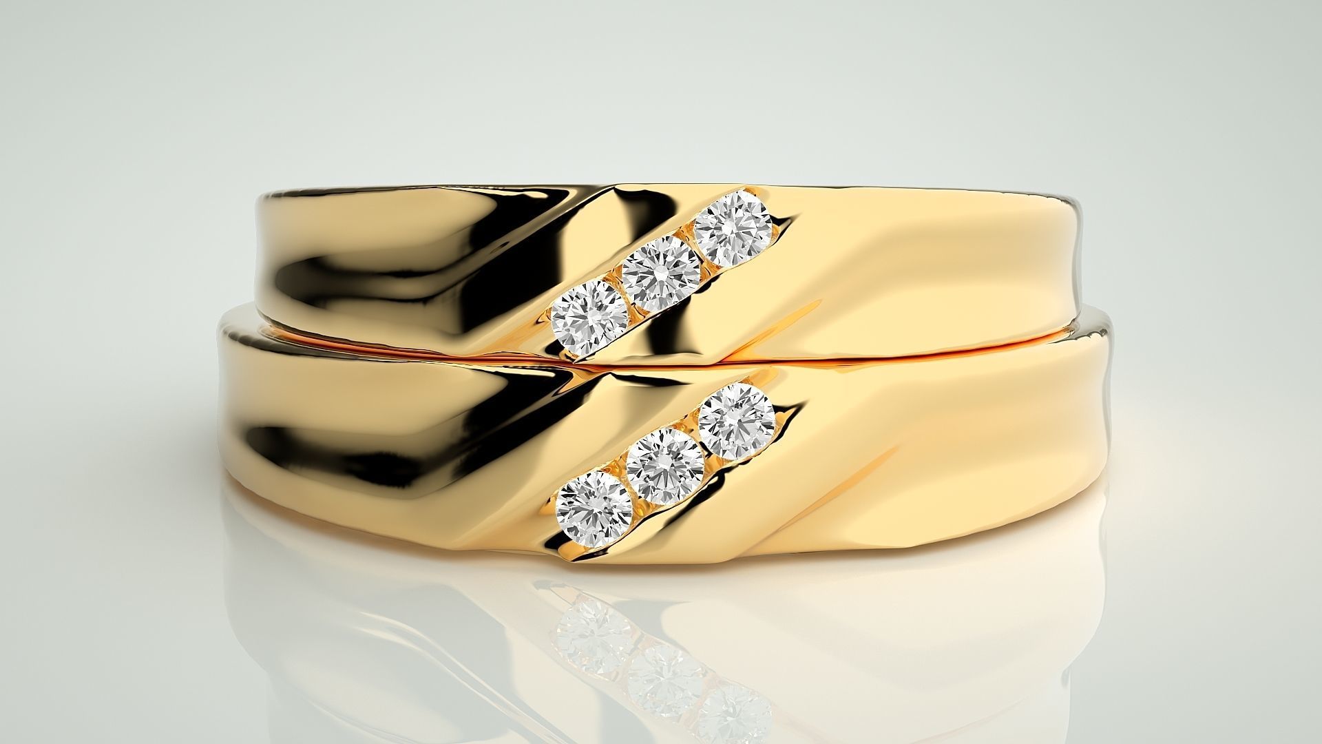 Diamond Tri-Diamond Couple Band Ring 3dm stl render detail 3D print model_11