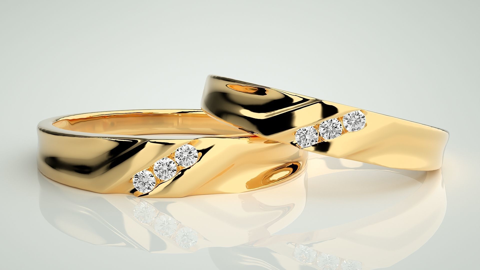 Diamond Tri-Diamond Couple Band Ring 3dm stl render detail 3D print model_9