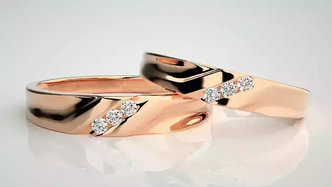 Diamond Tri-Diamond Couple Band Ring 3dm stl render detail 3D print model