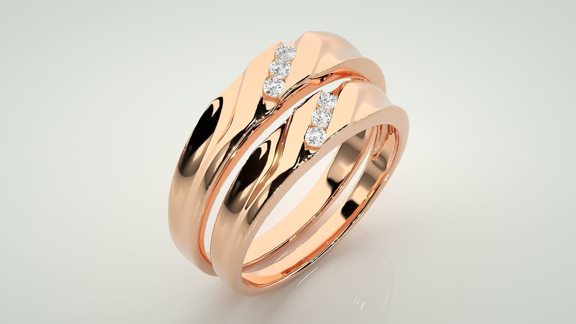 Diamond Tri-Diamond Couple Band Ring 3dm stl render detail 3D print model_4