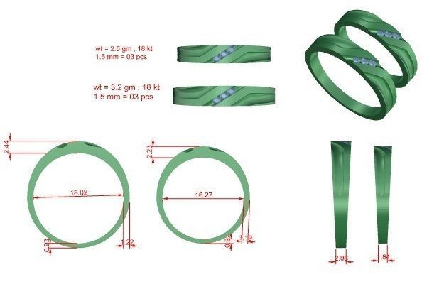 Diamond Tri-Diamond Couple Band Ring 3dm stl render detail 3D print model_3