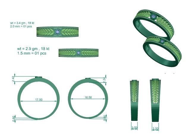 Leaf Theme Solitaire Couple Band Ring 3dm stl render detail  3D print model_3