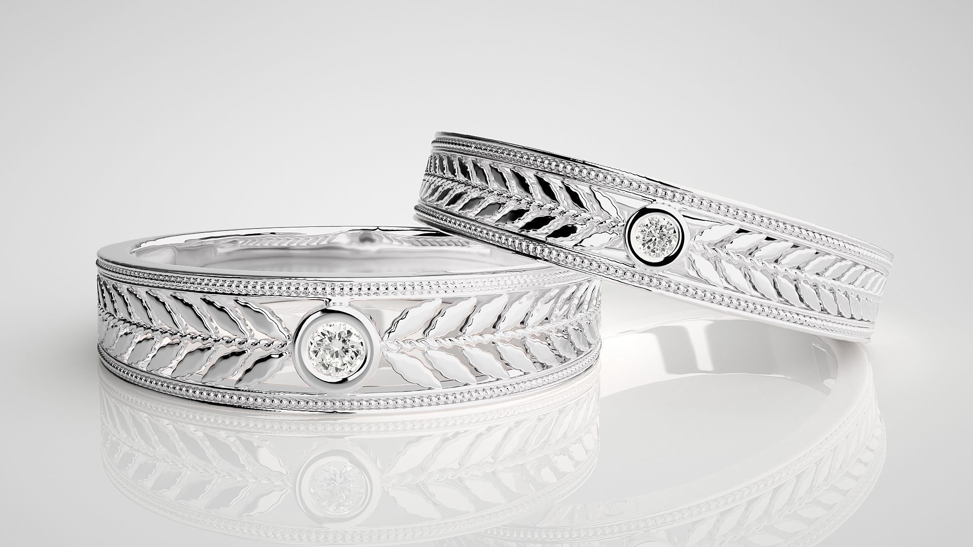 Leaf Theme Solitaire Couple Band Ring 3dm stl render detail  3D print model_5
