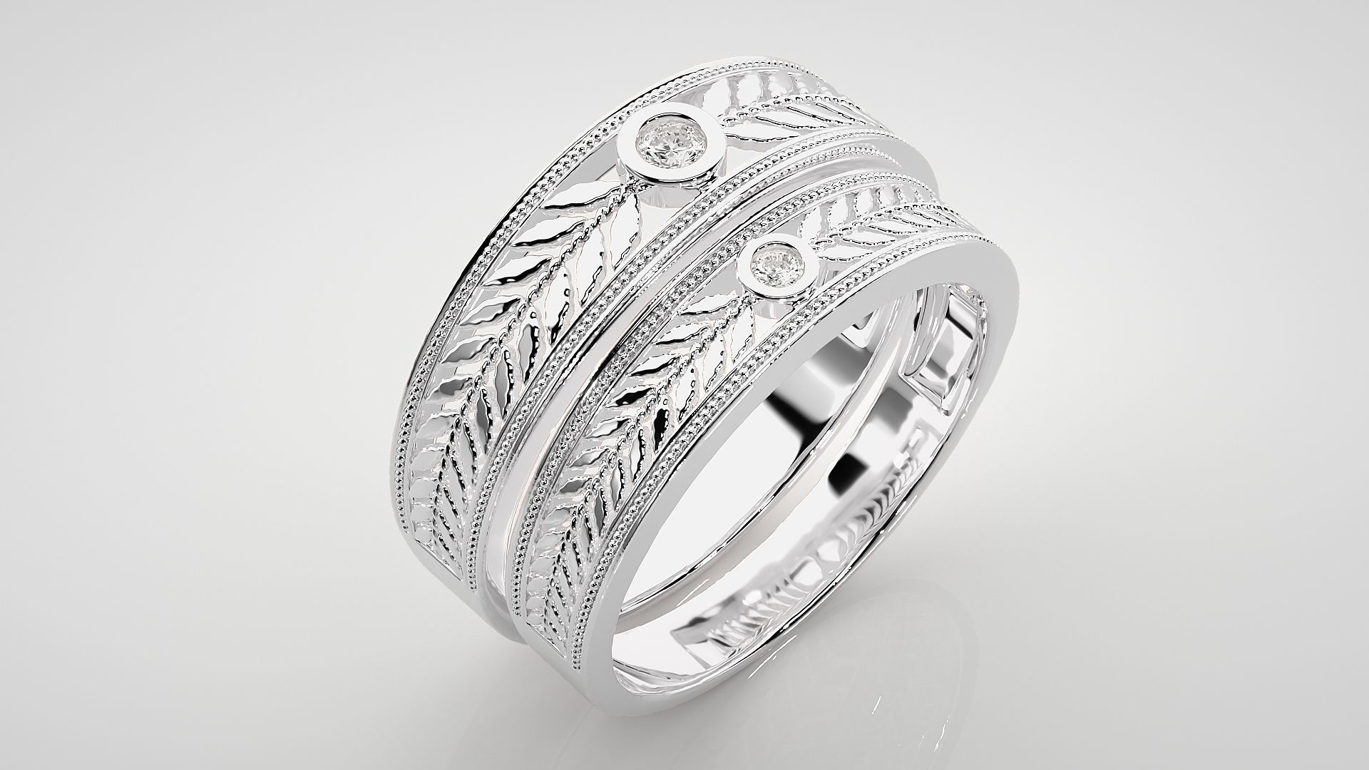 Leaf Theme Solitaire Couple Band Ring 3dm stl render detail  3D print model_8