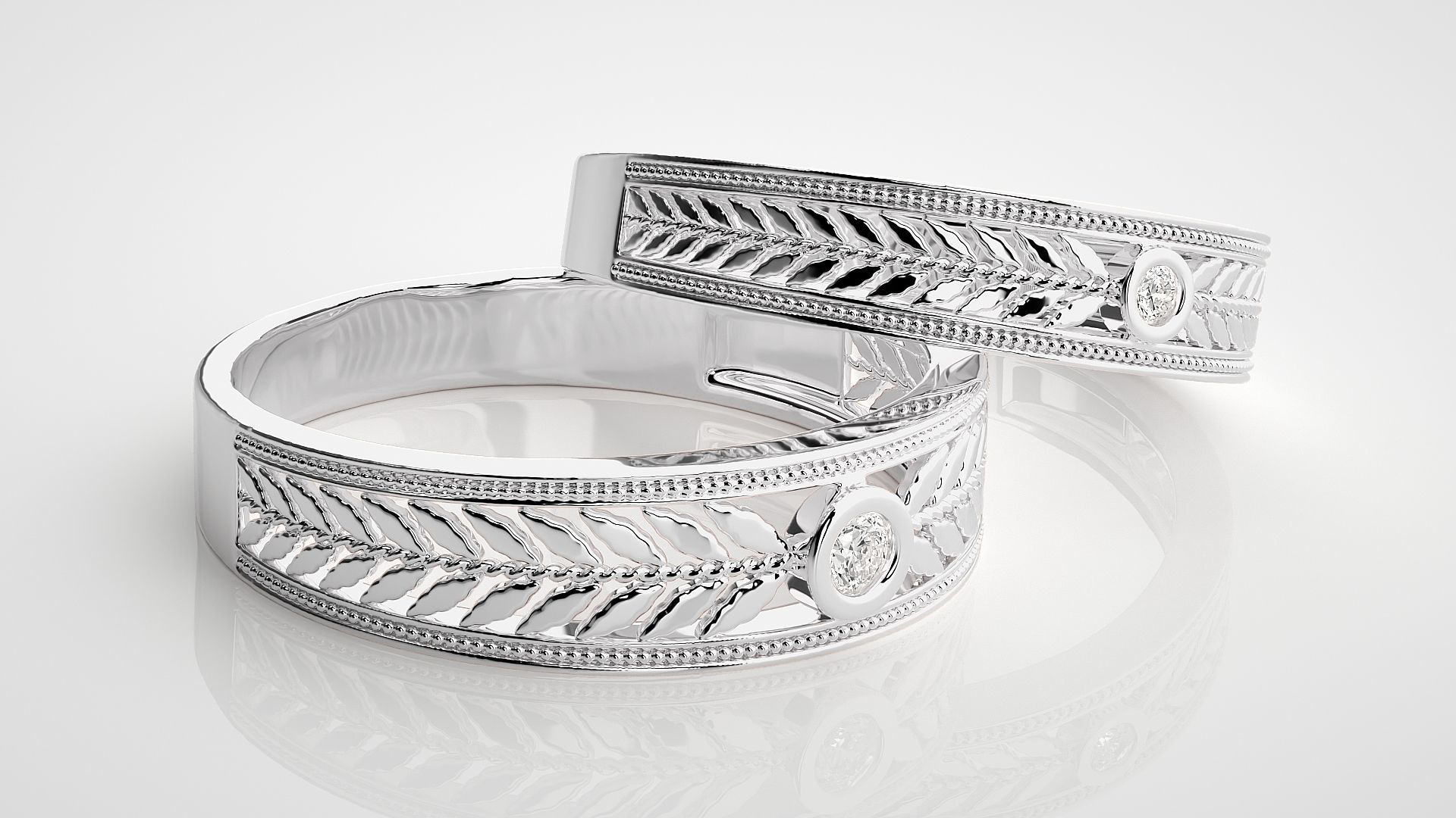 Leaf Theme Solitaire Couple Band Ring 3dm stl render detail  3D print model_6