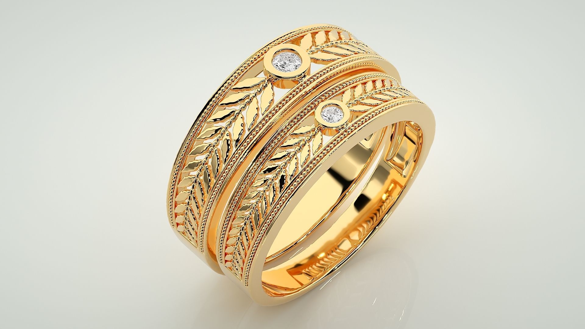 Leaf Theme Solitaire Couple Band Ring 3dm stl render detail  3D print model_12