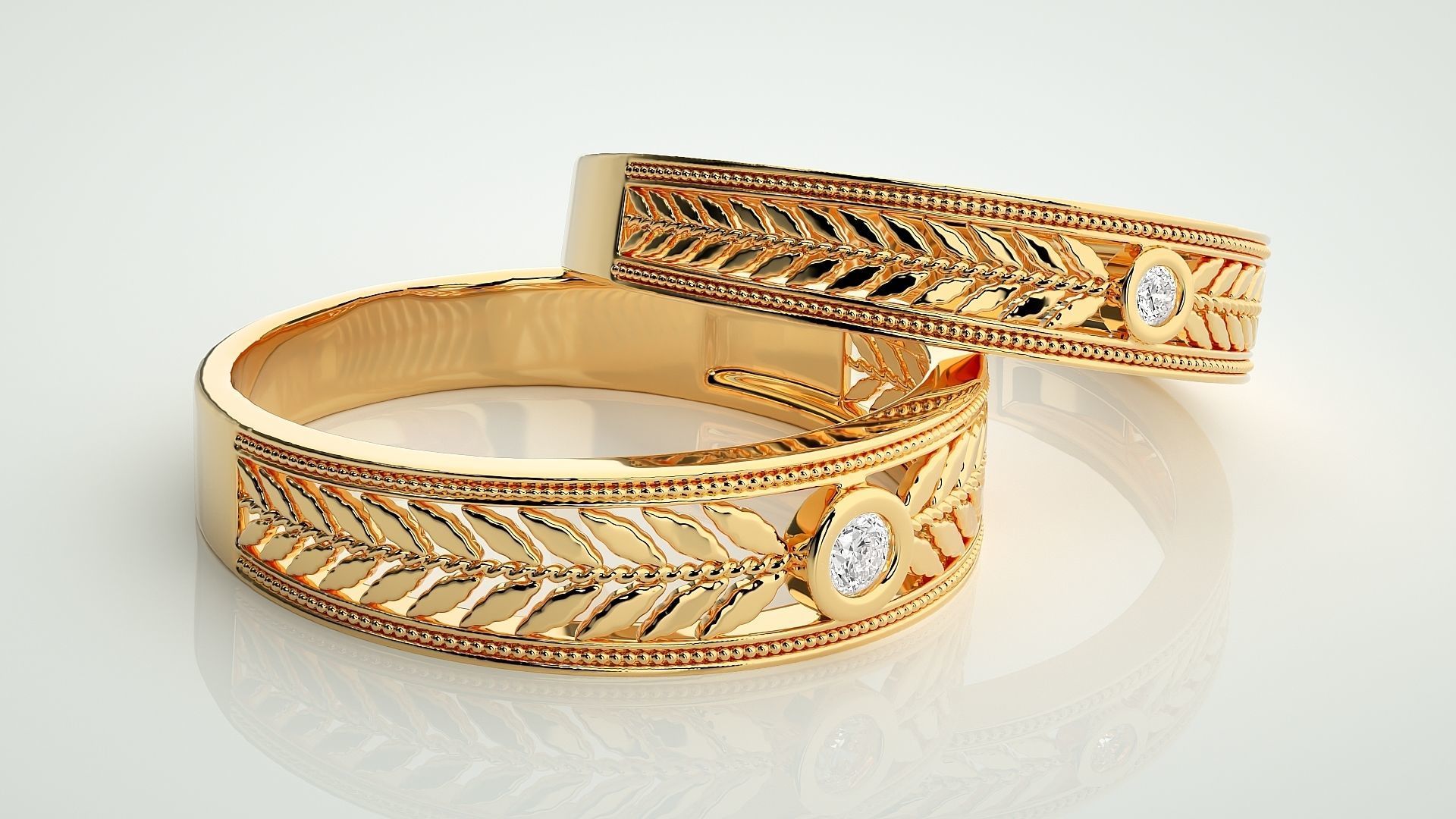Leaf Theme Solitaire Couple Band Ring 3dm stl render detail  3D print model_10