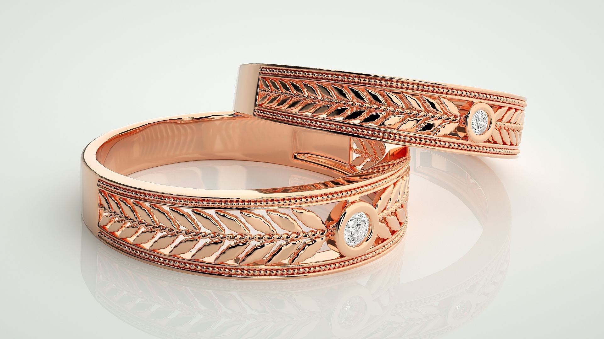 Leaf Theme Solitaire Couple Band Ring 3dm stl render detail  3D print model_1